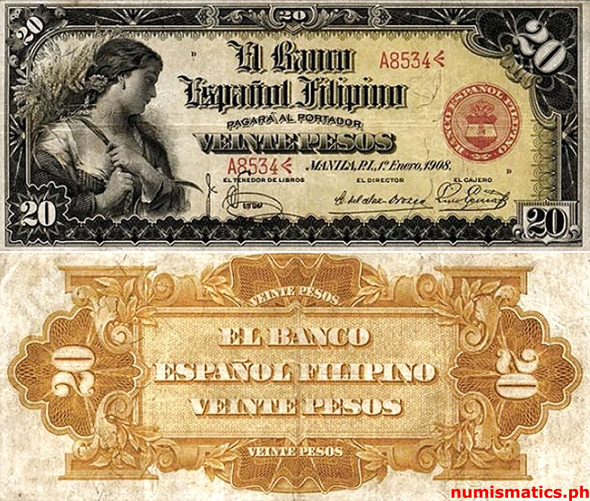 1908 20 Pesos Serrano - del Saz Orozco - Eguia El Banco Español Filipino