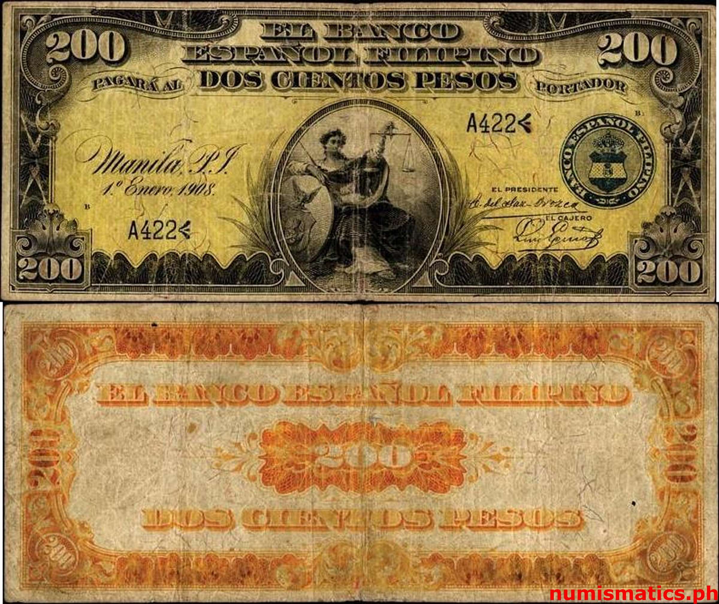 1908 200 pesos Eguia-del Saz Orozco El Banco Español Filipino