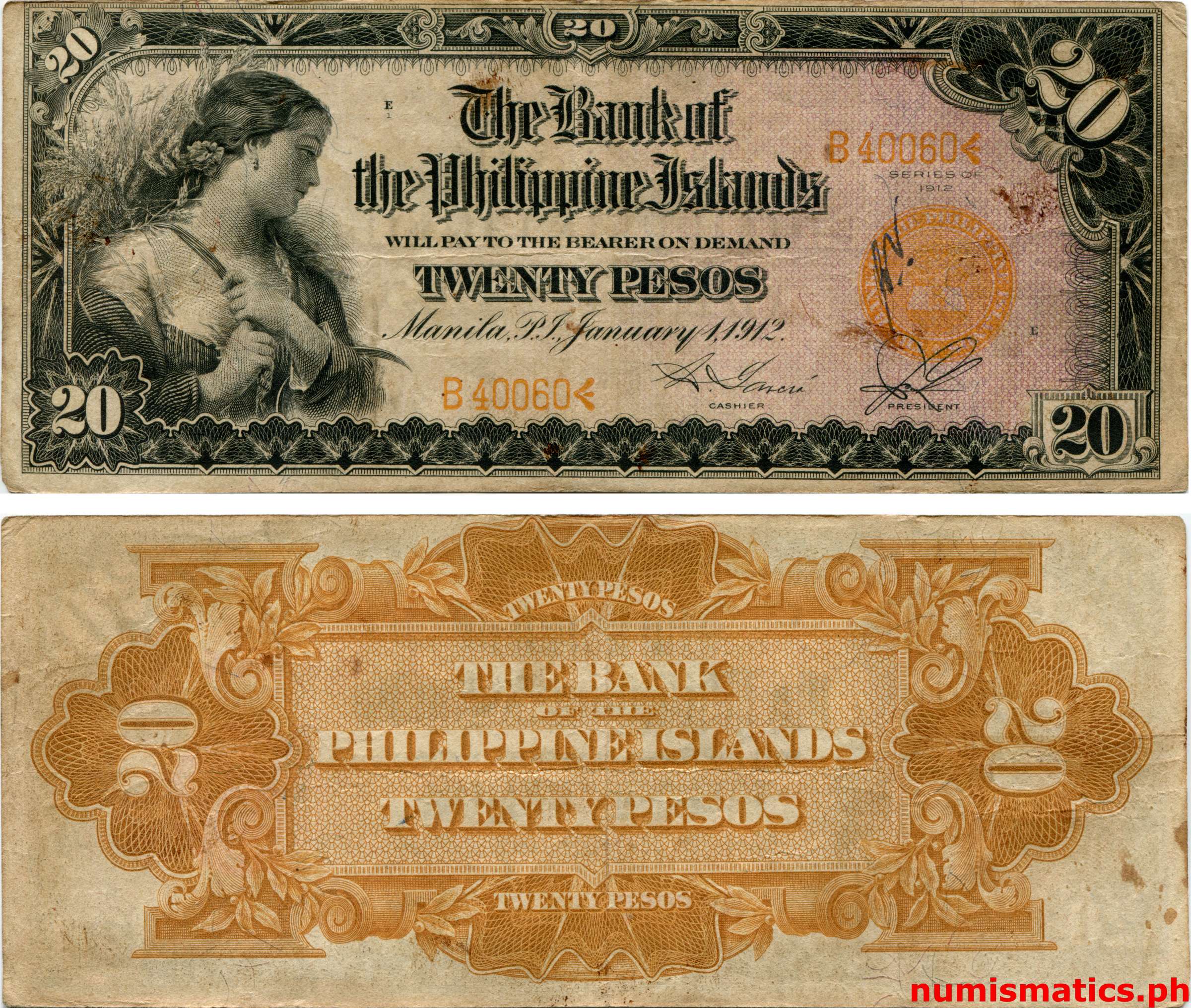 1912 20 Pesos Garcia - Sendres Bank of the Philippine Islands Circulating Note