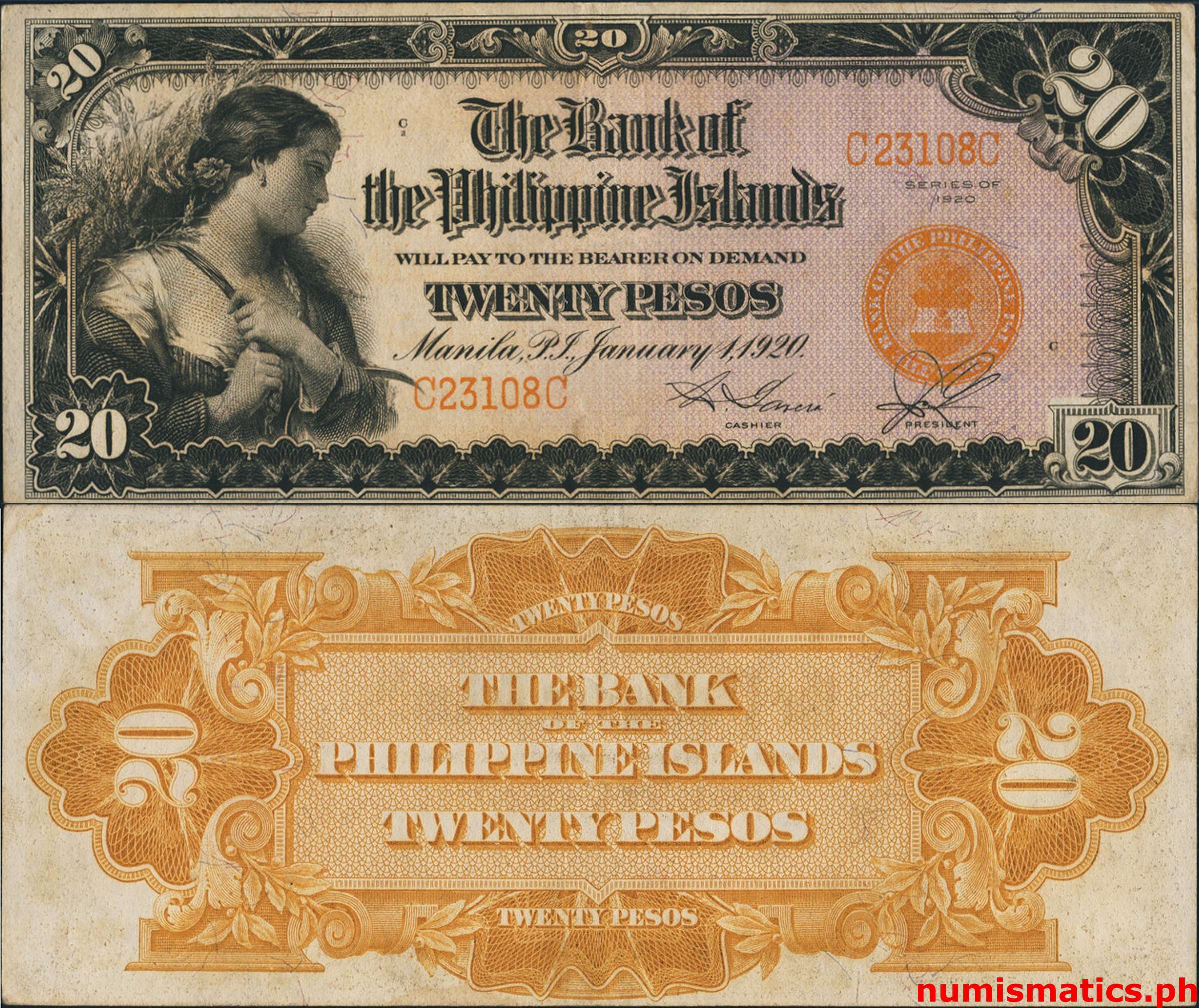 1928 20 Pesos Garcia - Sendres  Bank of the Philippine Islands Circulating Note
