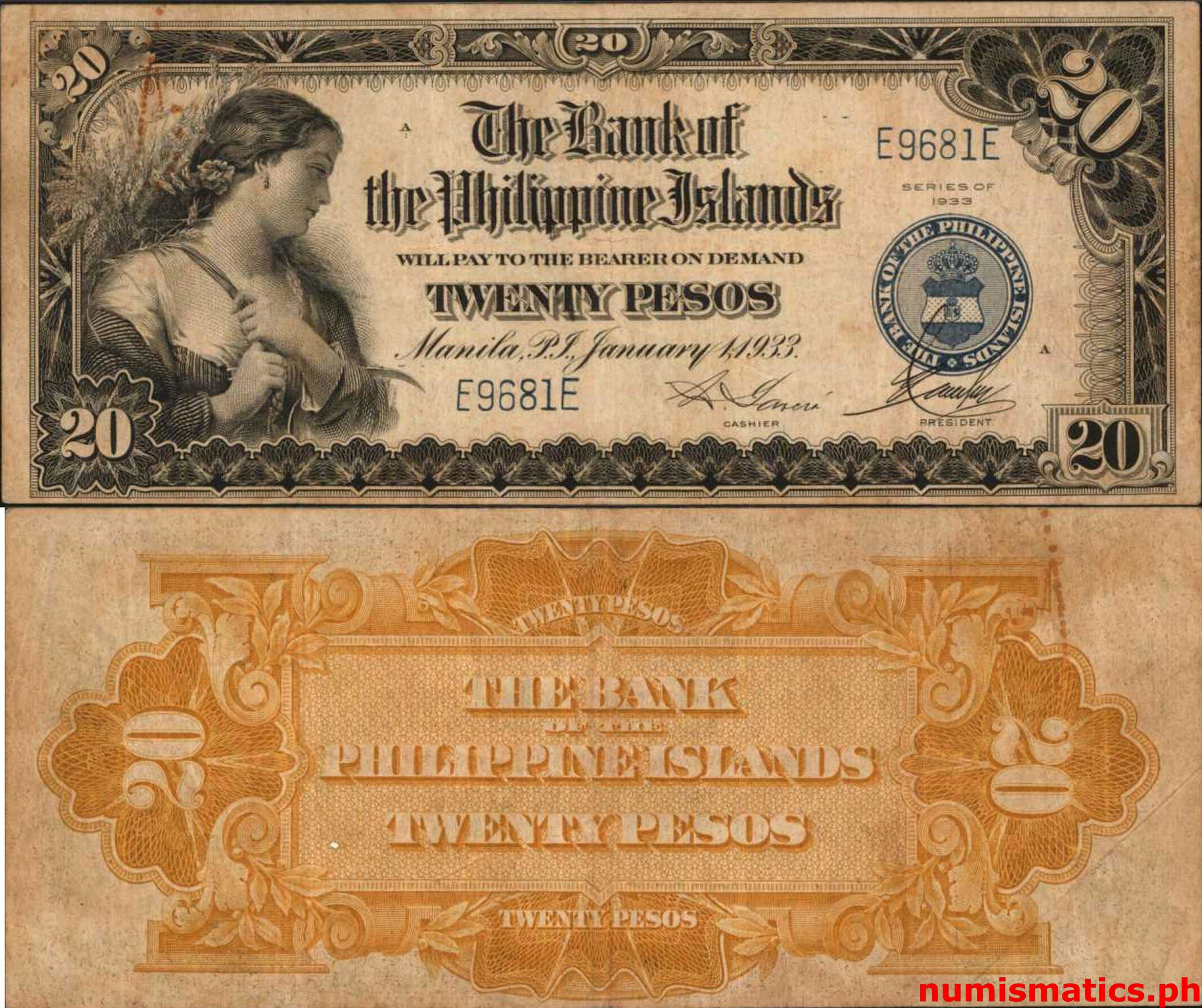 1933 20 Pesos Garcia - Campos Bank of the Philippine Islands Circulating Note