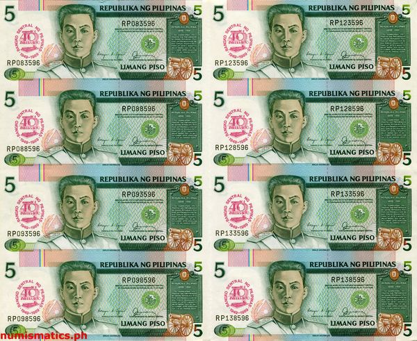 1989 5 Piso Ika-40 Anibersaryo-Bangko Sentral ng Pilipinas Uncut Sheet of 8 Commemorative Banknote Obverse