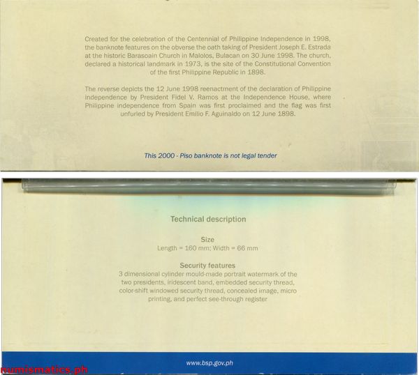 2001 2000 Piso New Millennium Commemorative Banknote Folder Inside