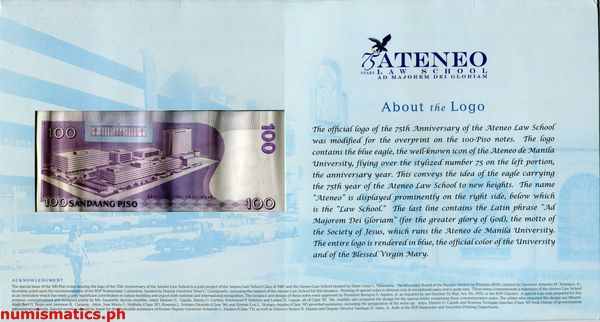 2011 100 Piso 75 Years Ateneo Law School Uncut Sheet of 2 Commemorative Banknote Page 1