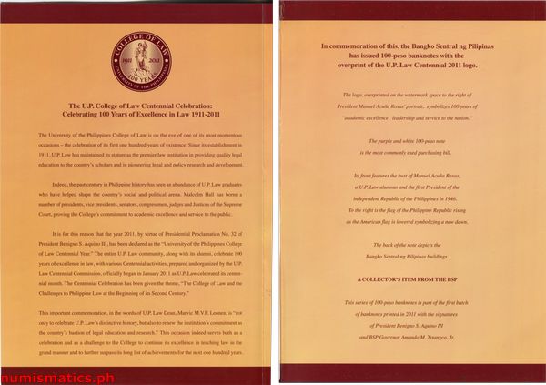 2011 100 Piso University of the Philippines College of Law Uncut Sheet of 4 Folder Inside Commemorative Banknote