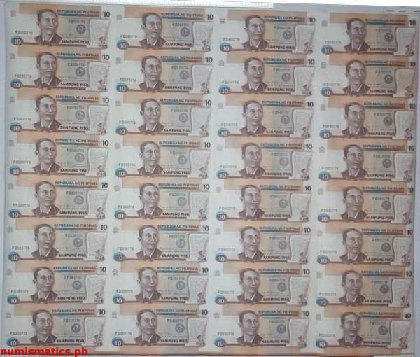 10 Piso Aquino - Fernandez Jr. Uncut Sheet of 32 New Design Series Banknote Obverse