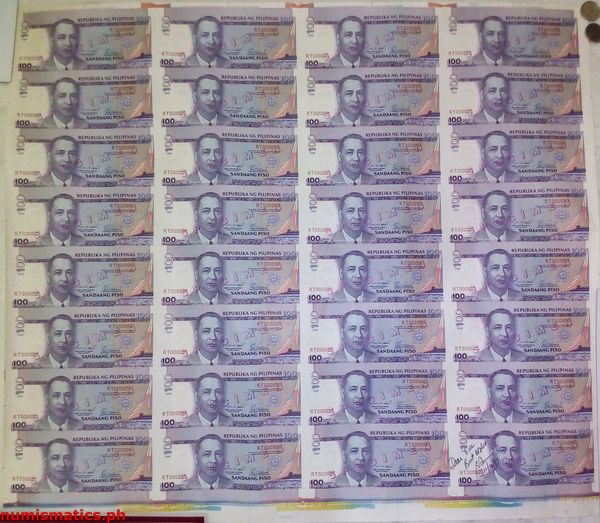 1999 100 Piso Estrada - Buenaventura Uncut Sheet of 32 Specimen Obverse New Design Series Banknote