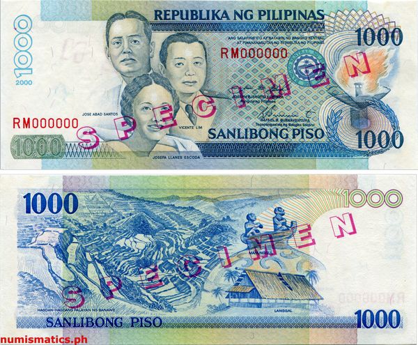2000 1000 Piso Estrada - Buenaventura Specimen New Design Series Banknote