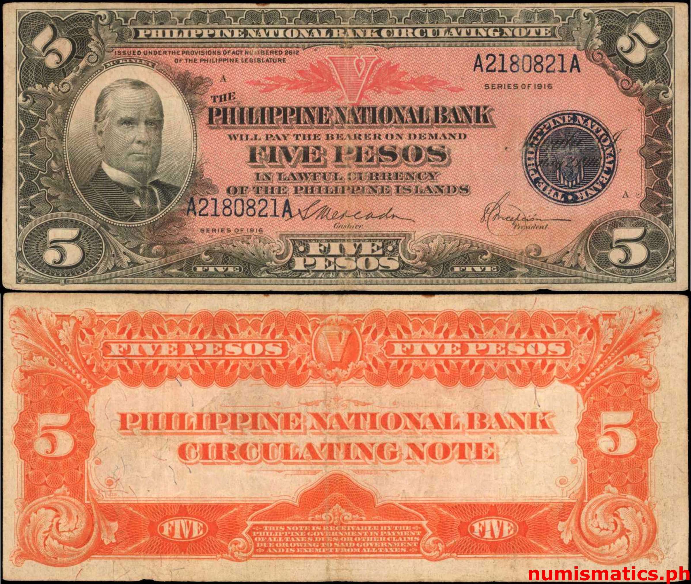 1916 5 Pesos Mercado-Concepcion Illegally Issued c Philippine National Bank Circulating Note