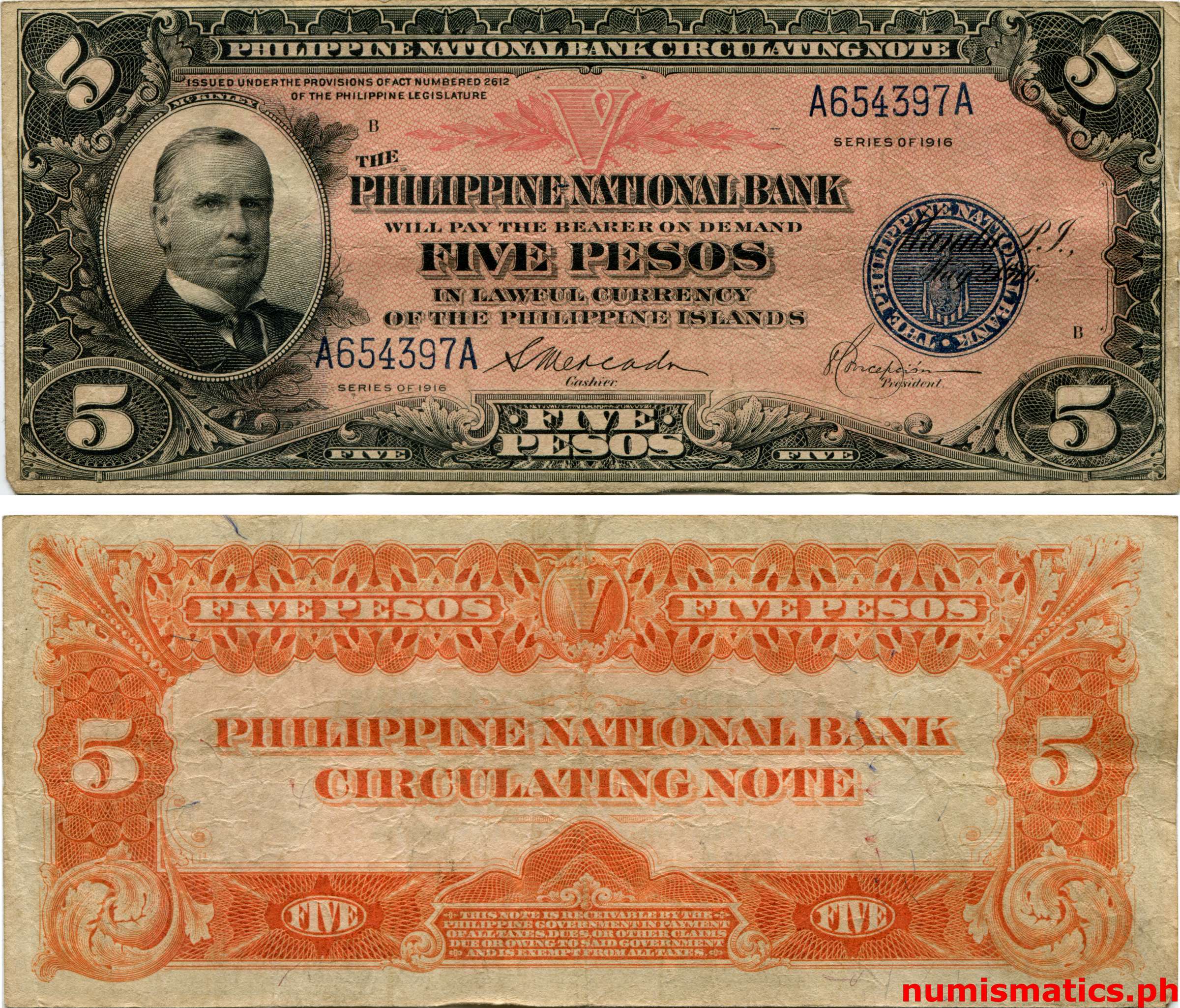 1916 5 Pesos Mercado-Concepcion Legally Issued A Philippine National Bank Circulating Note