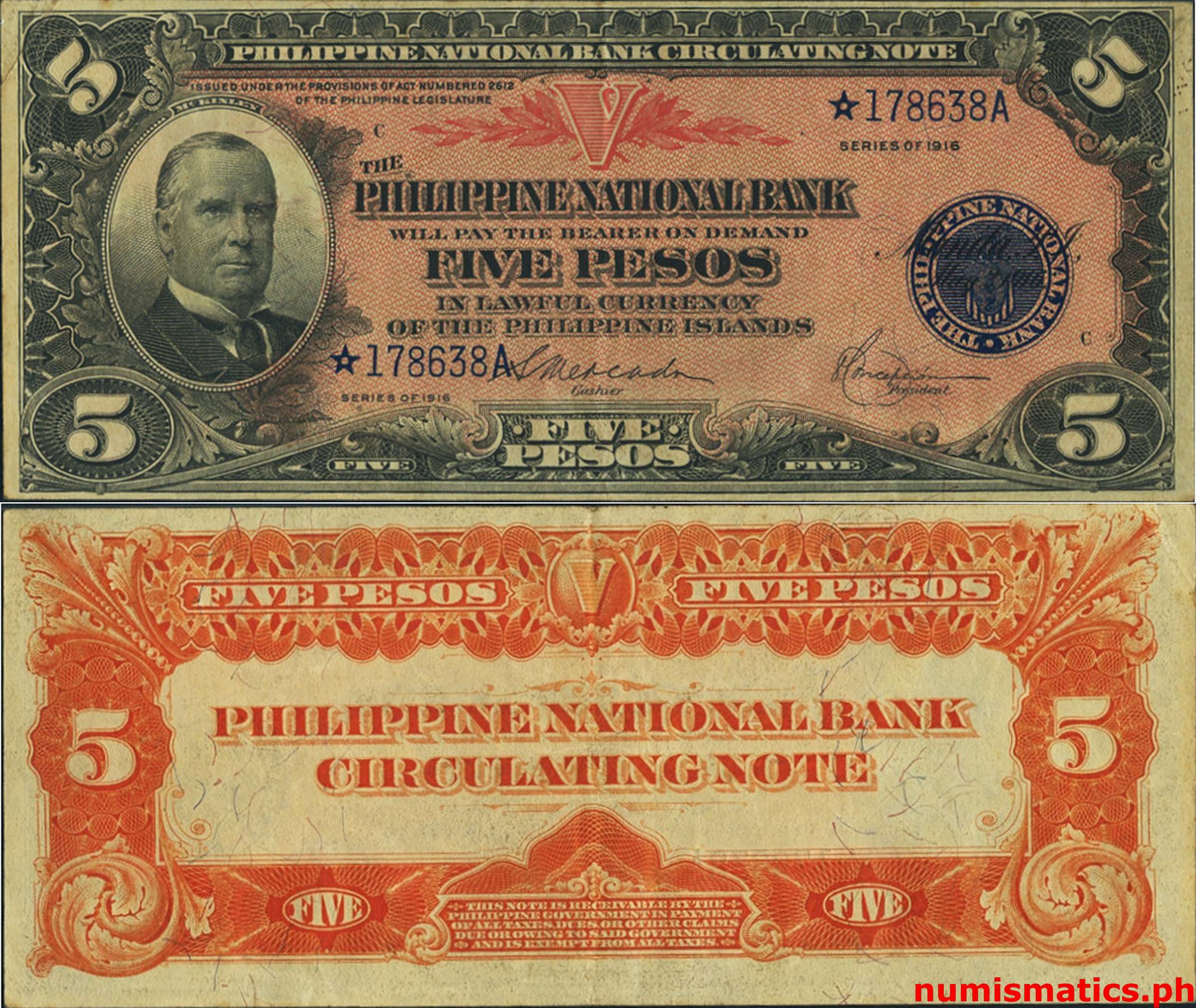1916 5 Pesos Mercado-Concepcion Replacement Note Philippine National Bank Circulating Note