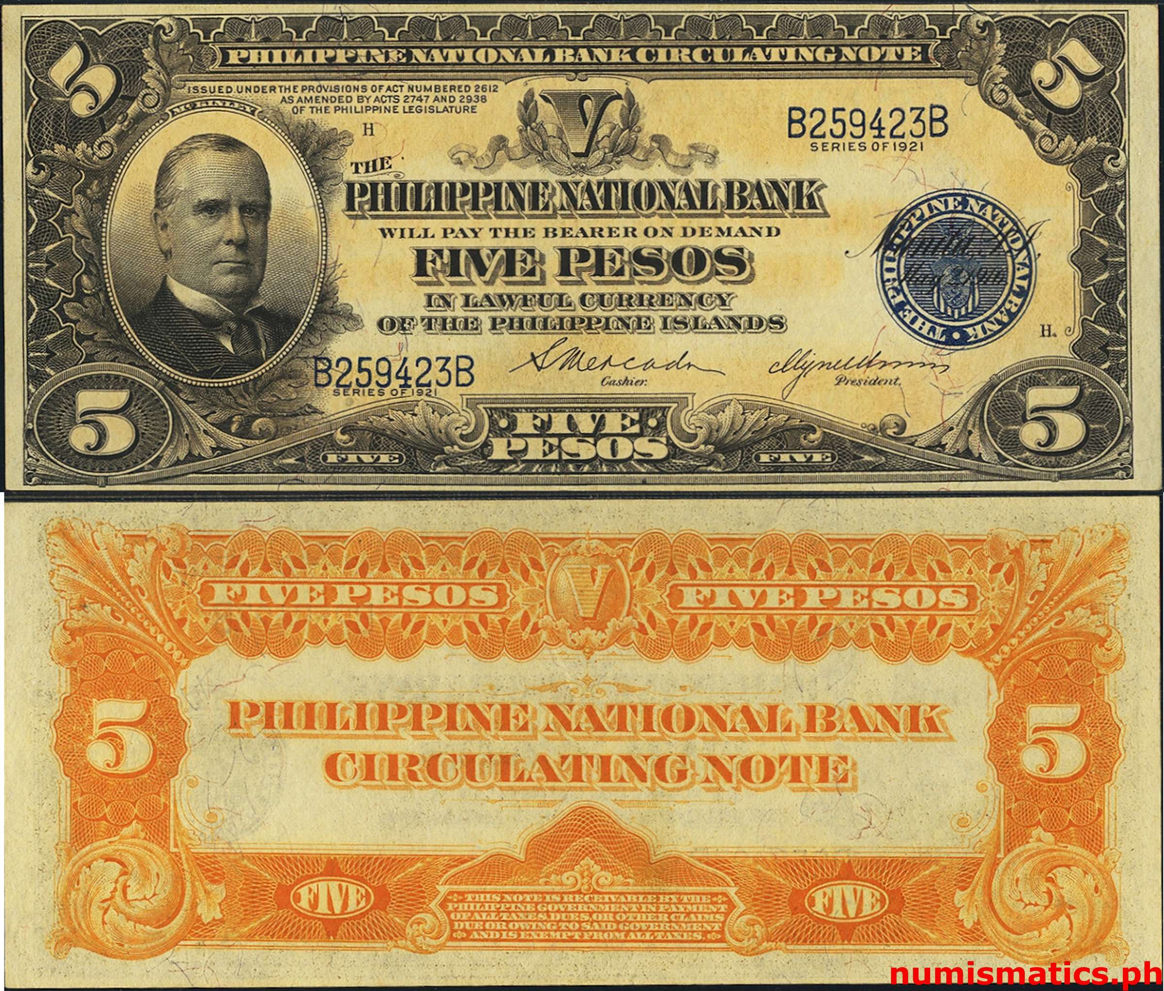1921 5 Pesos Mercado Unson Illegally Issued A Philippine National Bank Circulating Note