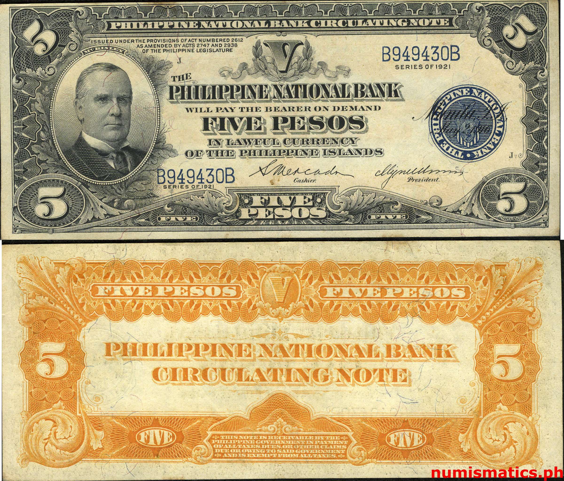1921 5 Pesos Mercado Unson Illegally Issued C Philippine National Bank Circulating Note