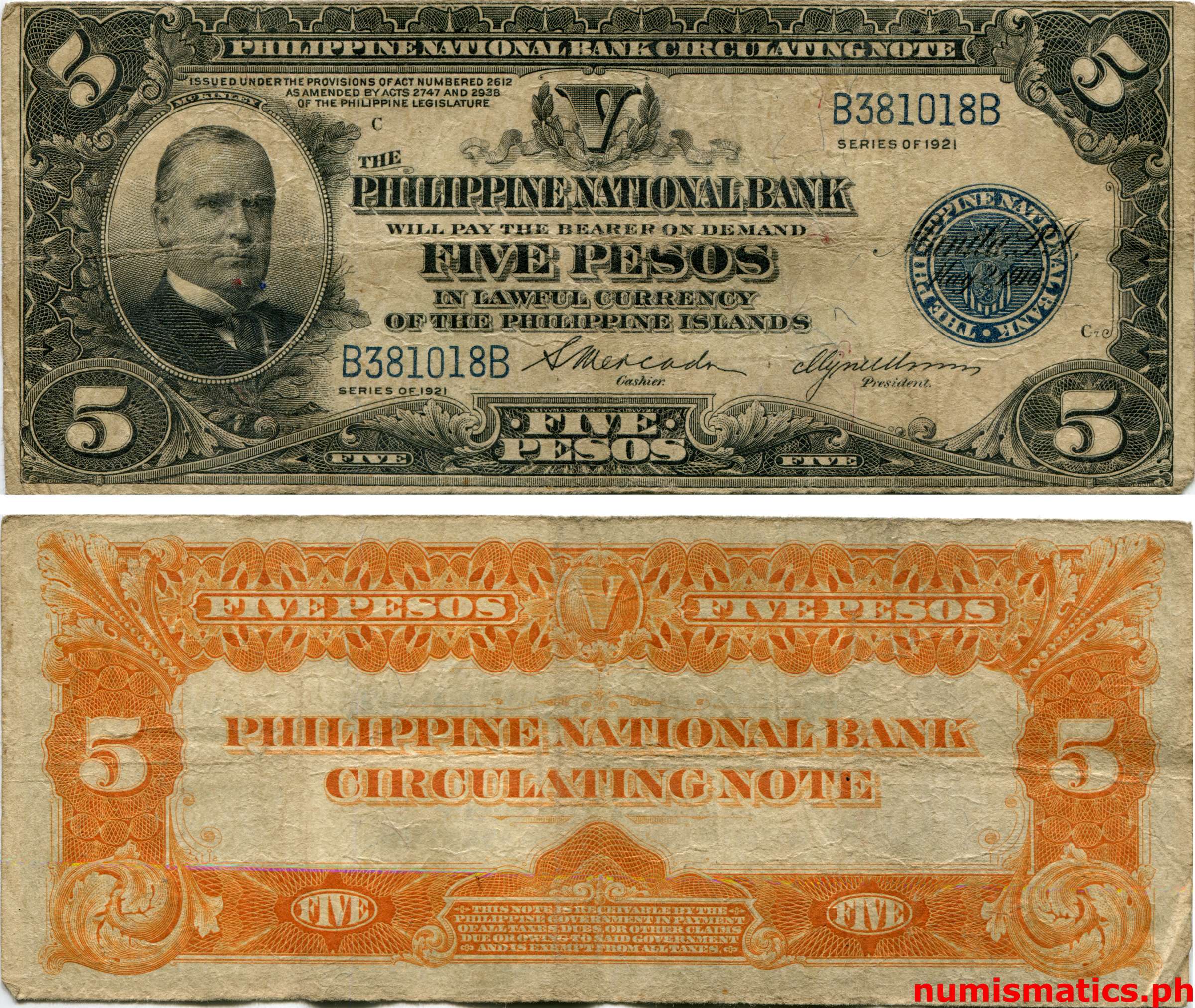1921 5 Pesos Mercado-Unson Legally Issued B Philippine National Bank Circulating Note