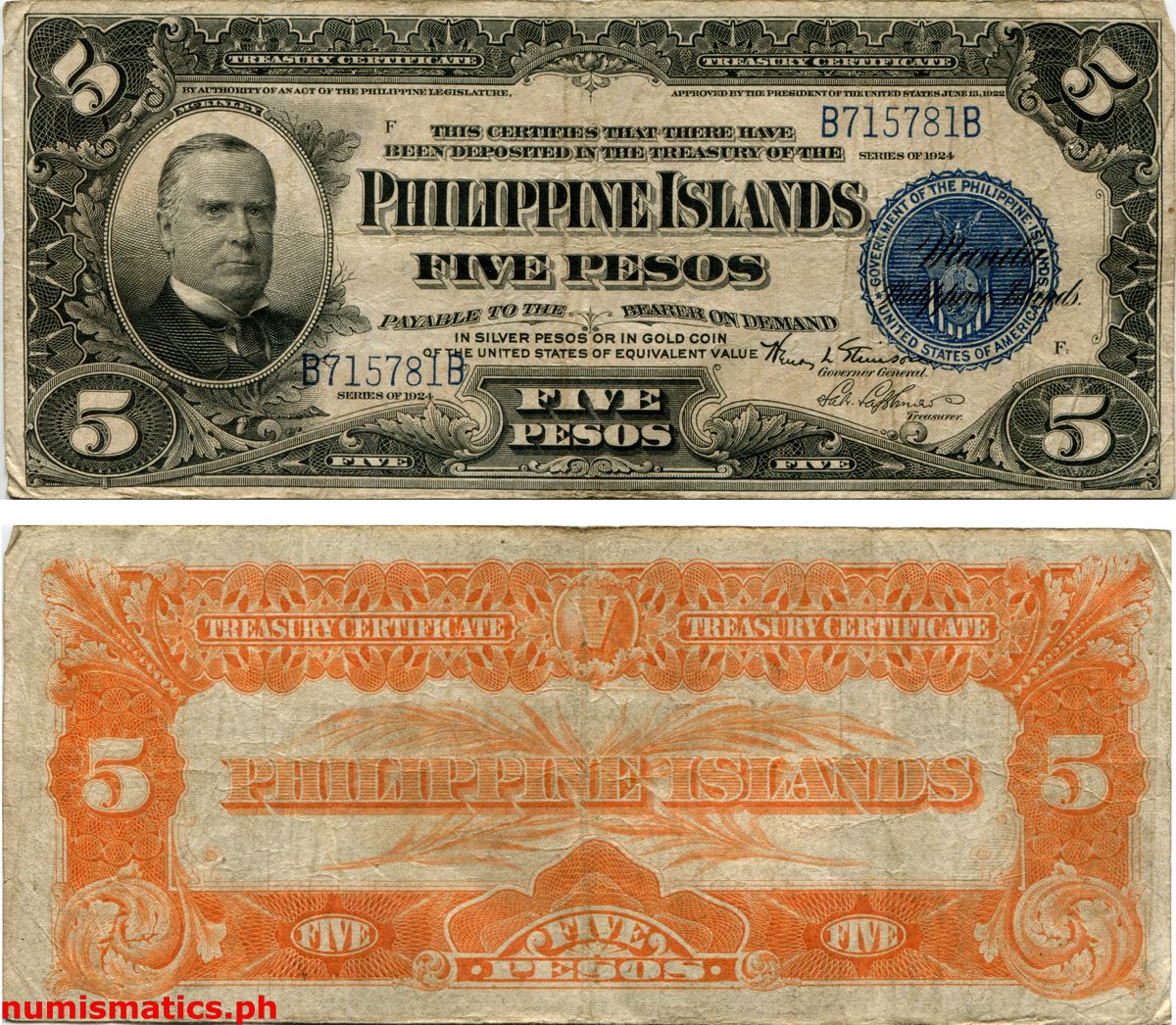 1924 5 Pesos Stimson - Lagdameo Treasury Certificate