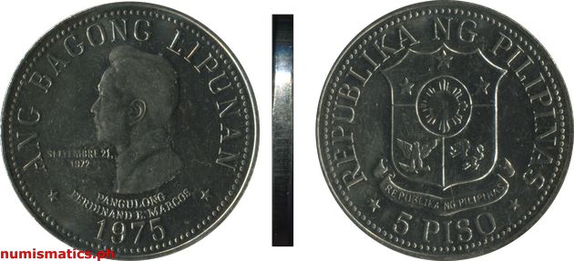 1975 FM 5 Piso Brilliant Uncirculated Ang Bagong Lipunan Coin