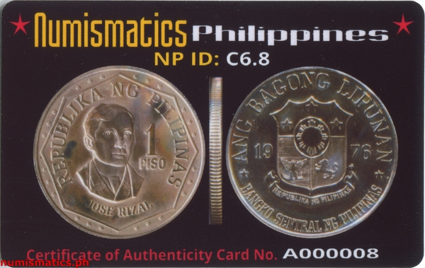 1976 FM 1 Piso Brilliant Uncirculated Ang Bagong Lipunan Coin A000008 COA Card Obverse