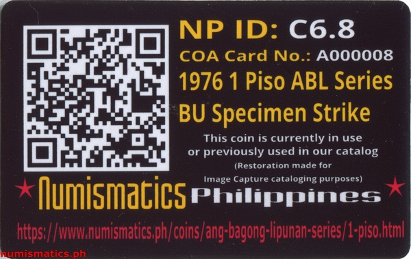 1976 FM 1 Piso Brilliant Uncirculated Ang Bagong Lipunan Coin A000008 COA Card Reverse