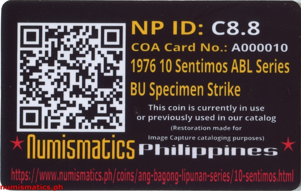 1976 FM 10 Sentimos Brilliant Uncirculated Ang Bagong Lipunan Coin A000010 COA Card Reverse