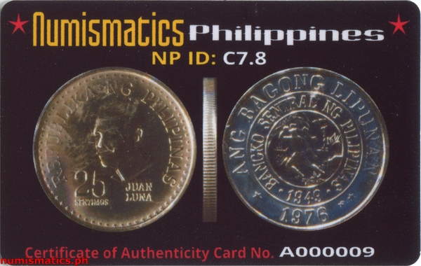 1976 FM 25 Sentimos Brilliant Uncirculated Ang Bagong Lipunan Coin A000009 COA Card Obverse