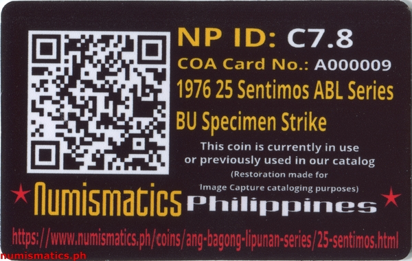 1976 FM 25 Sentimos Brilliant Uncirculated Ang Bagong Lipunan Coin A000009 COA Card Reverse