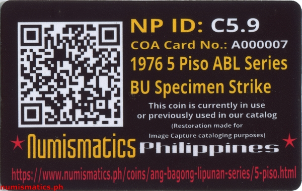 1976 FM 5 Piso Brilliant Uncirculated Ang Bagong Lipunan Coin A000007 COA Card Reverse