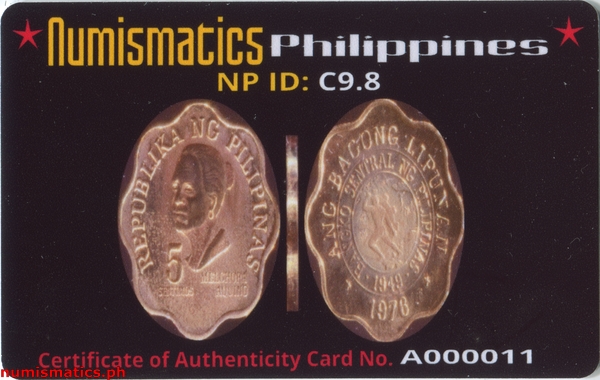 1976 FM 5 Sentimos Brilliant Uncirculated Ang Bagong Lipunan Coin A000011 COA Card Obverse