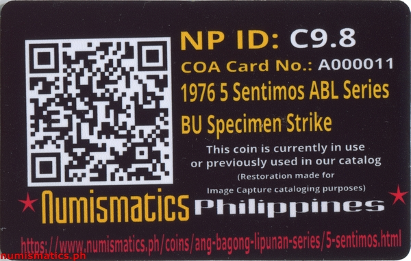 1976 FM 5 Sentimos Brilliant Uncirculated Ang Bagong Lipunan Coin A000011 COA Card Reverse