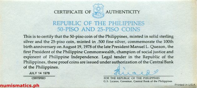 1978 (2) Manuel L. Quezon Proof Coin Set COA