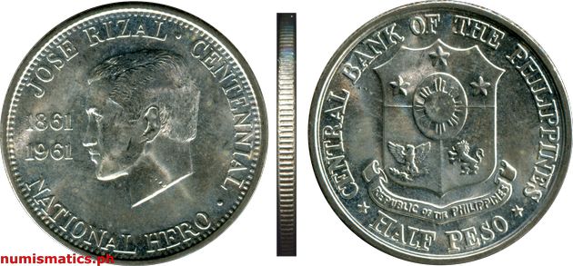 1961 Half Peso Jose Rizal Centennial Commemorative Coin