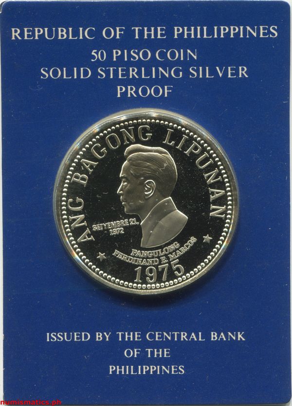 1975 50 Piso Pangulong Ferdinand E. Marcos Proof Stand Type Blister Pack Obverse Commemorative Coin Box