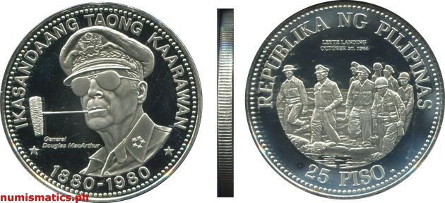 1980 25 Piso Ikasangdaang Taong Kaarawan General Douglas MacArthur Proof Stand Commemorative Coin