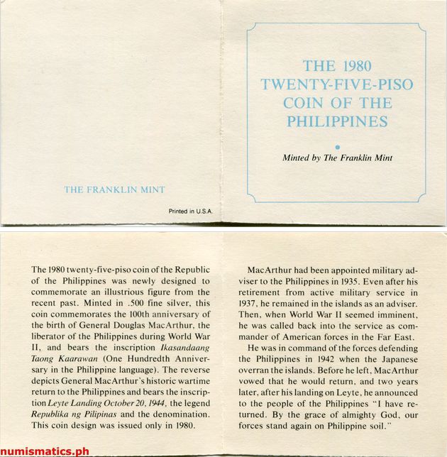 1980 25 Piso Ikasangdaang Taong Kaarawan General Douglas MacArthur Proof Stand Literature 2 Commemorative Coin