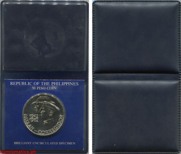 1982 50 Piso Bataan Corregidor Commemorative Coin Brilliant Uncirculated Jacket