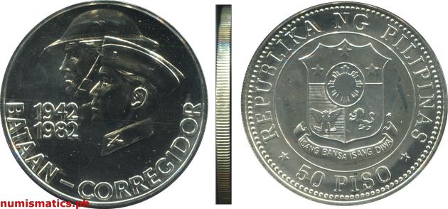 1982 50 Piso Bataan Corregidor Commemorative Coin Brilliant Uncirculated