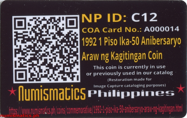 1992 1 Piso Ika-50 Anibersaryo Araw ng Kagitingan Commemorative Coin A000014 COA Card Reverse