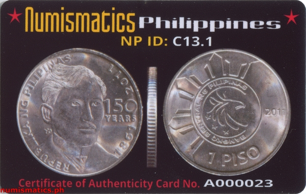2011 1 Piso 150 Years Jose Rizal Circulation Commemorative Coin A000023 COA Card Obverse
