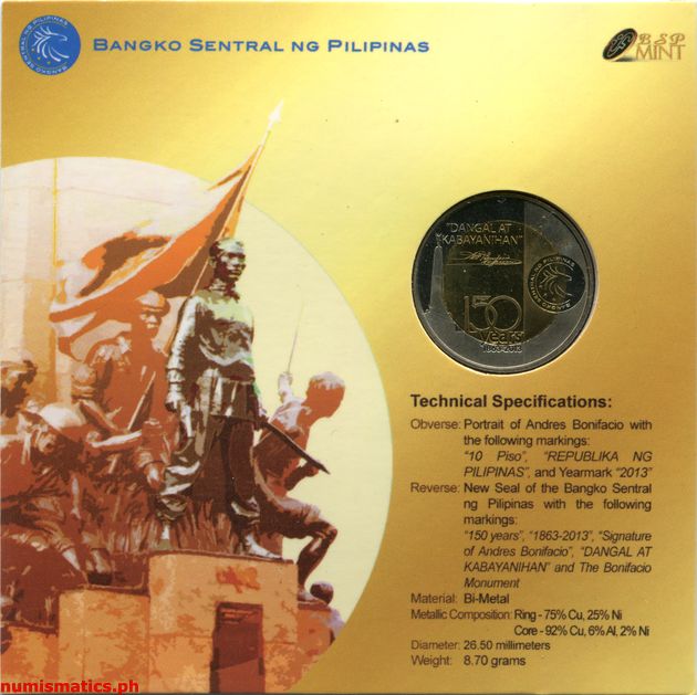 2013 10 Piso Andres Bonifacio 150 Years Blister Pack Reverse Commemorative Coin