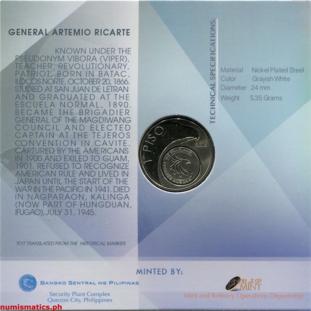 2016 1 Piso Heneral Artemio Ricarte 150 Years Blister Pack Reverse Commemorative Coin