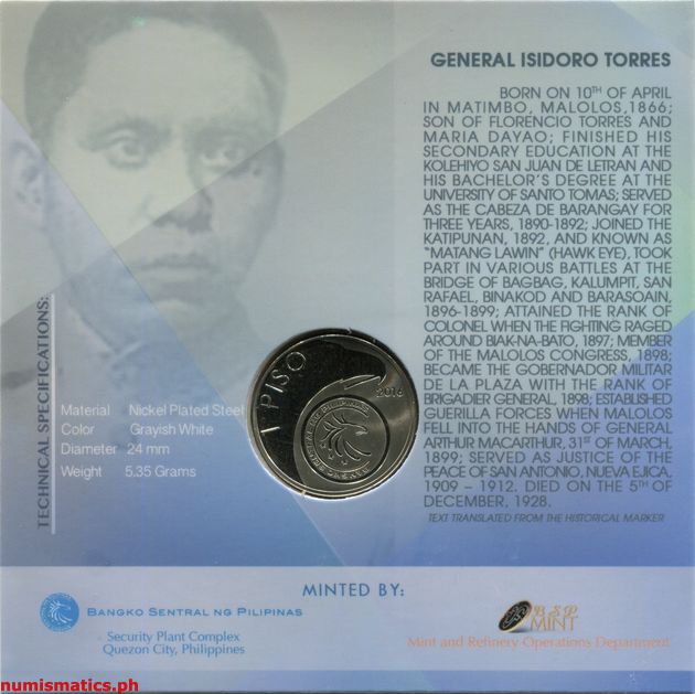 2016 1 Piso Heneral Isidoro Torres 150 Years Blister Pack Reverse Commemorative Coin