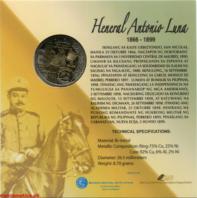 2016 10 Piso Heneral Antonio Luna 150 Taon Blister Pack Reverse Commemorative Coin