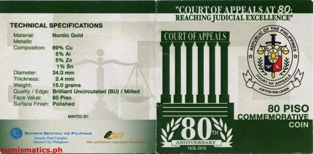2016 80 Piso 80th Anniversary Court of Appeals Commemorative Coin Literature 1