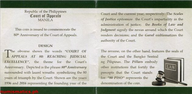 2016 80 Piso 80th Anniversary Court of Appeals Commemorative Coin Literature 2