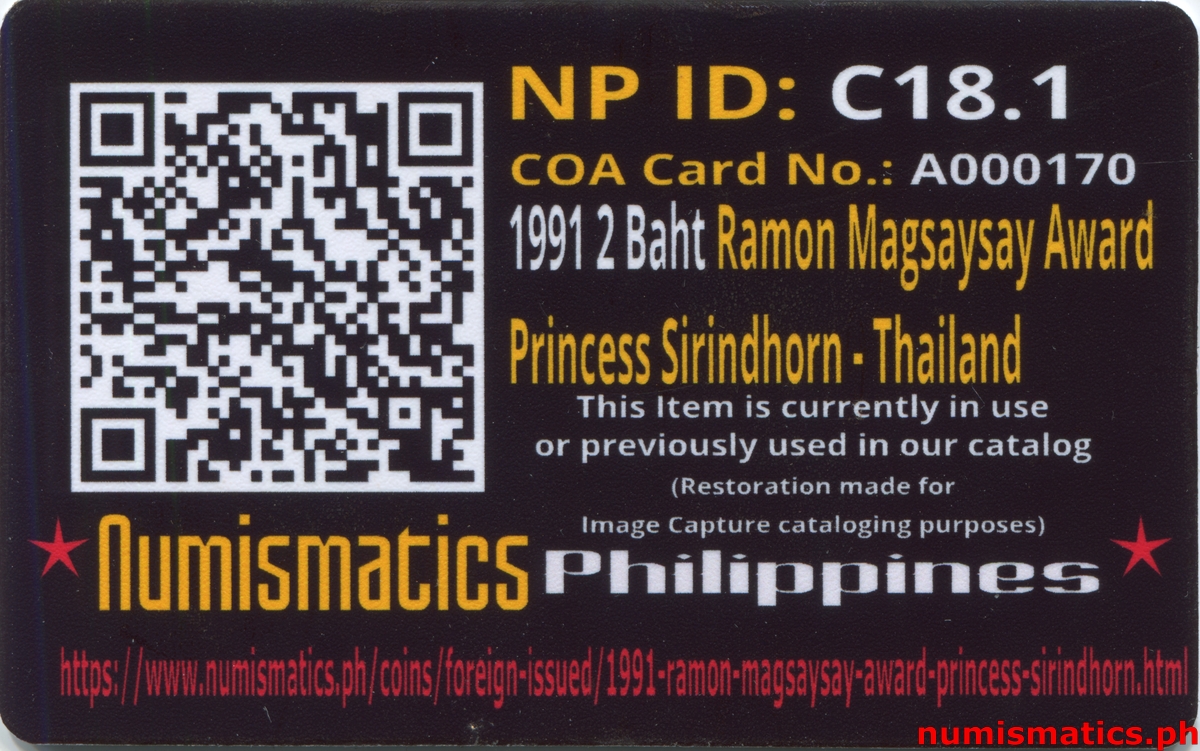1991 2 Baht Ramon Magsaysay Award Princess Sirindhorn - Thailand Coin A000170 COA Card Reverse