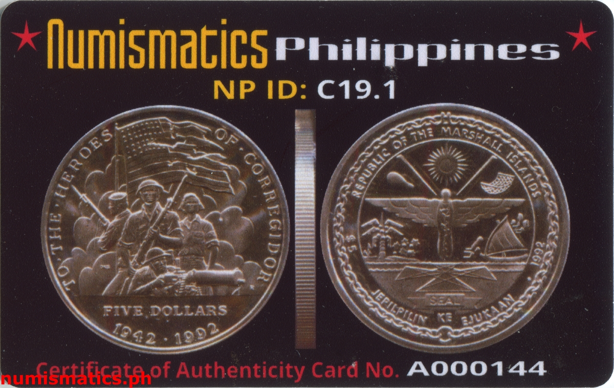 1992 Five Dollars Heroes of Corregidor - Marshall Islands Coin A000144 COA Card Obverse