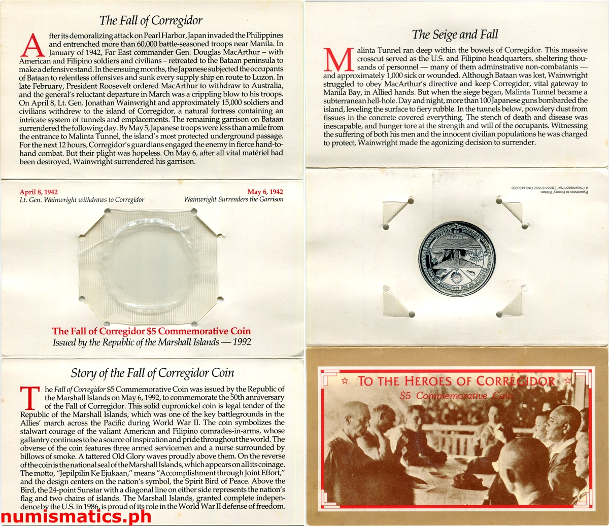 1992 Five Dollars Heroes of Corregidor - Marshall Islands Coin A000144 Folder