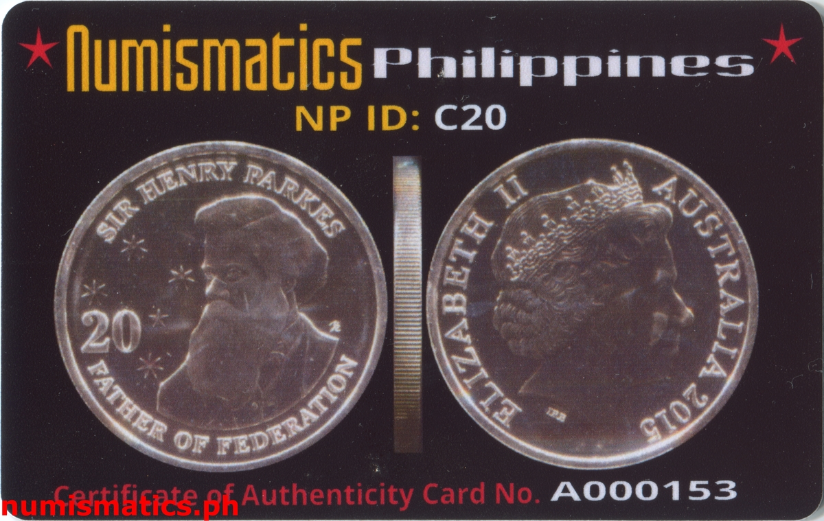 2015 20 Cents Sir Henry Parkes - Australia (Obv. Designed by Pinoy) A000153 COA Card Obverse