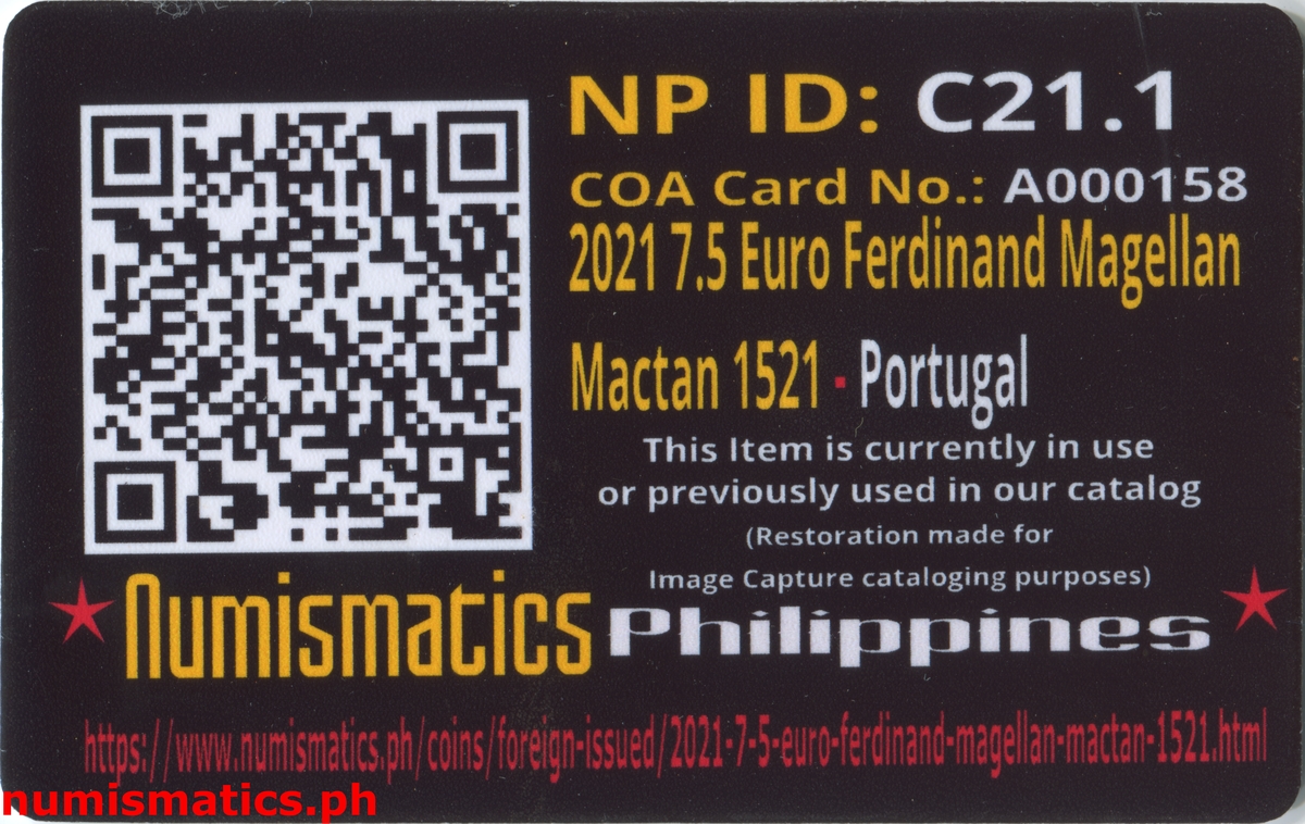 2021 7.5 Euro Ferdinand Magellan Mactan 1521 Commemorative Coin A000158 COA Card Reverse