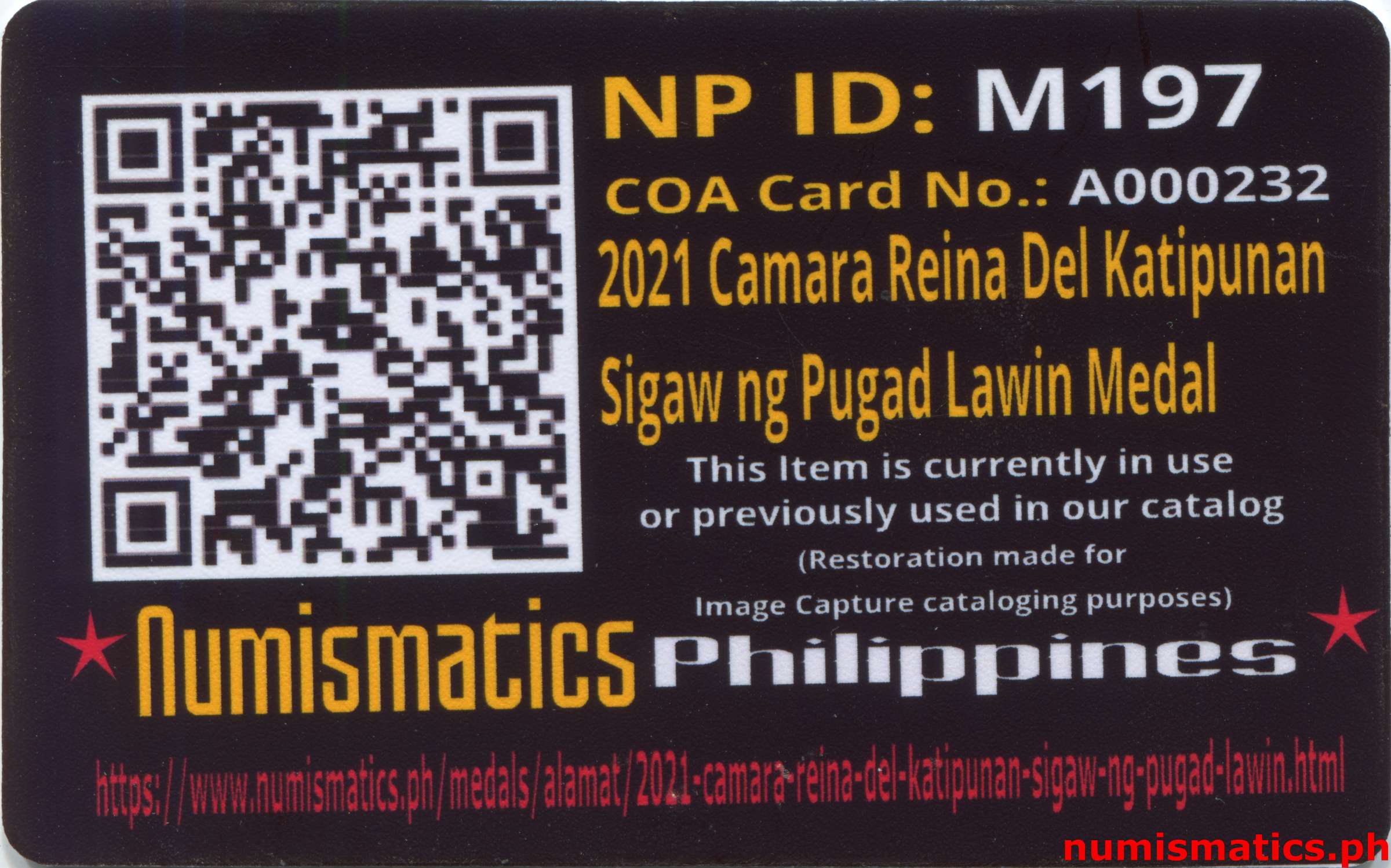 2021 Camara Reina Del Katipunan - Sigaw ng Pugad Lawin Medal A000232 COA Card Reverse