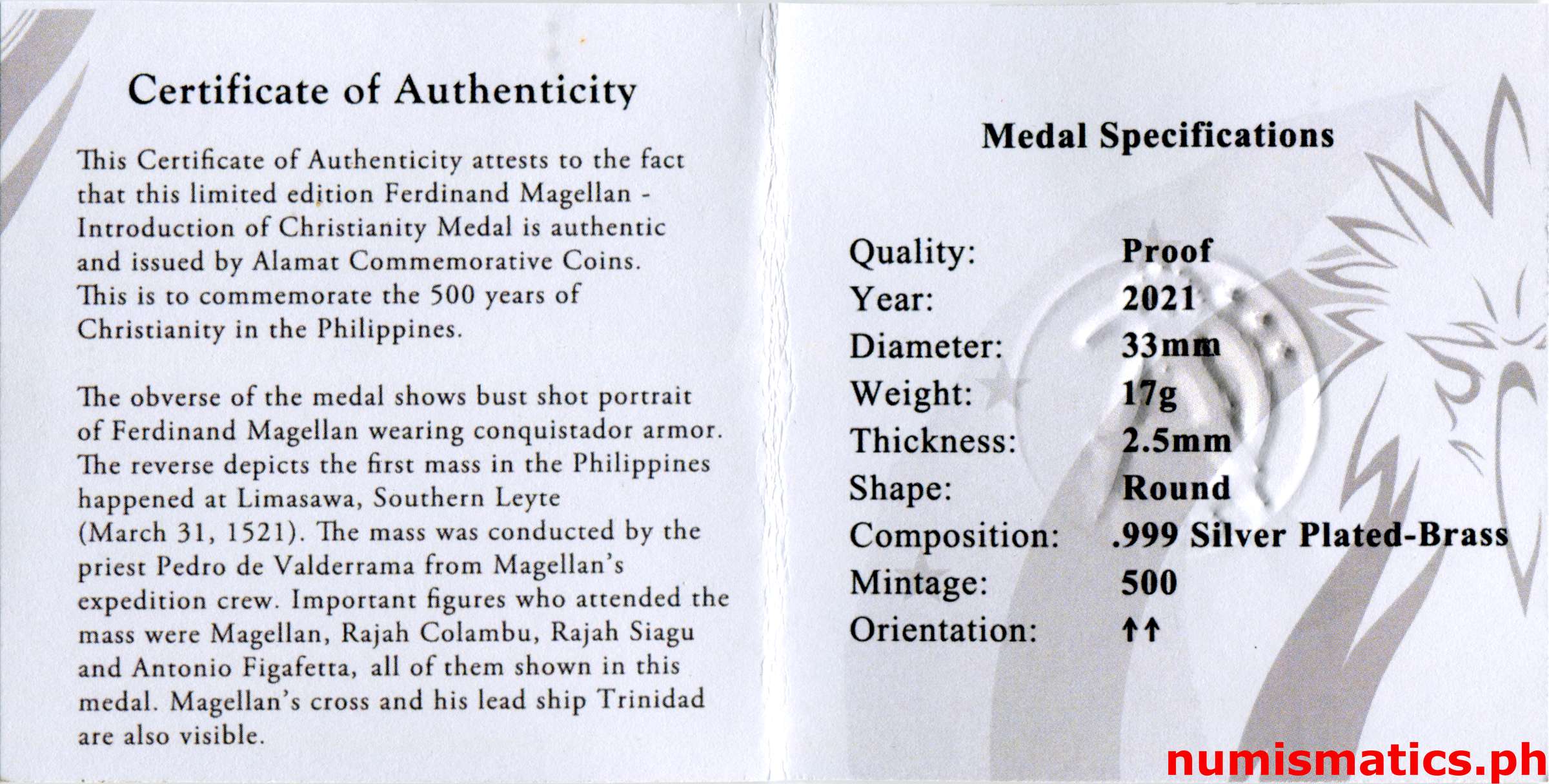 2021 Ferdinand Magellan Introduction of Christianity Medal COA 2